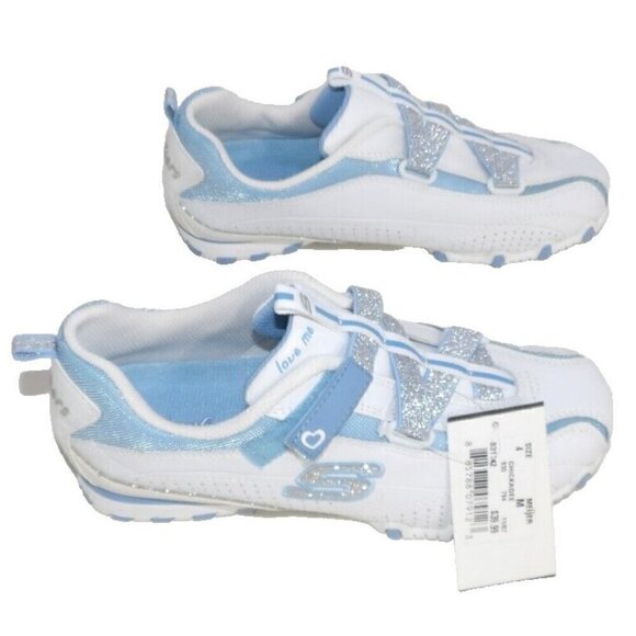 SKECHERS white & blue Chickadee sneakers hook & loop closure women's size 4 NEW - Picture 4 of 8
